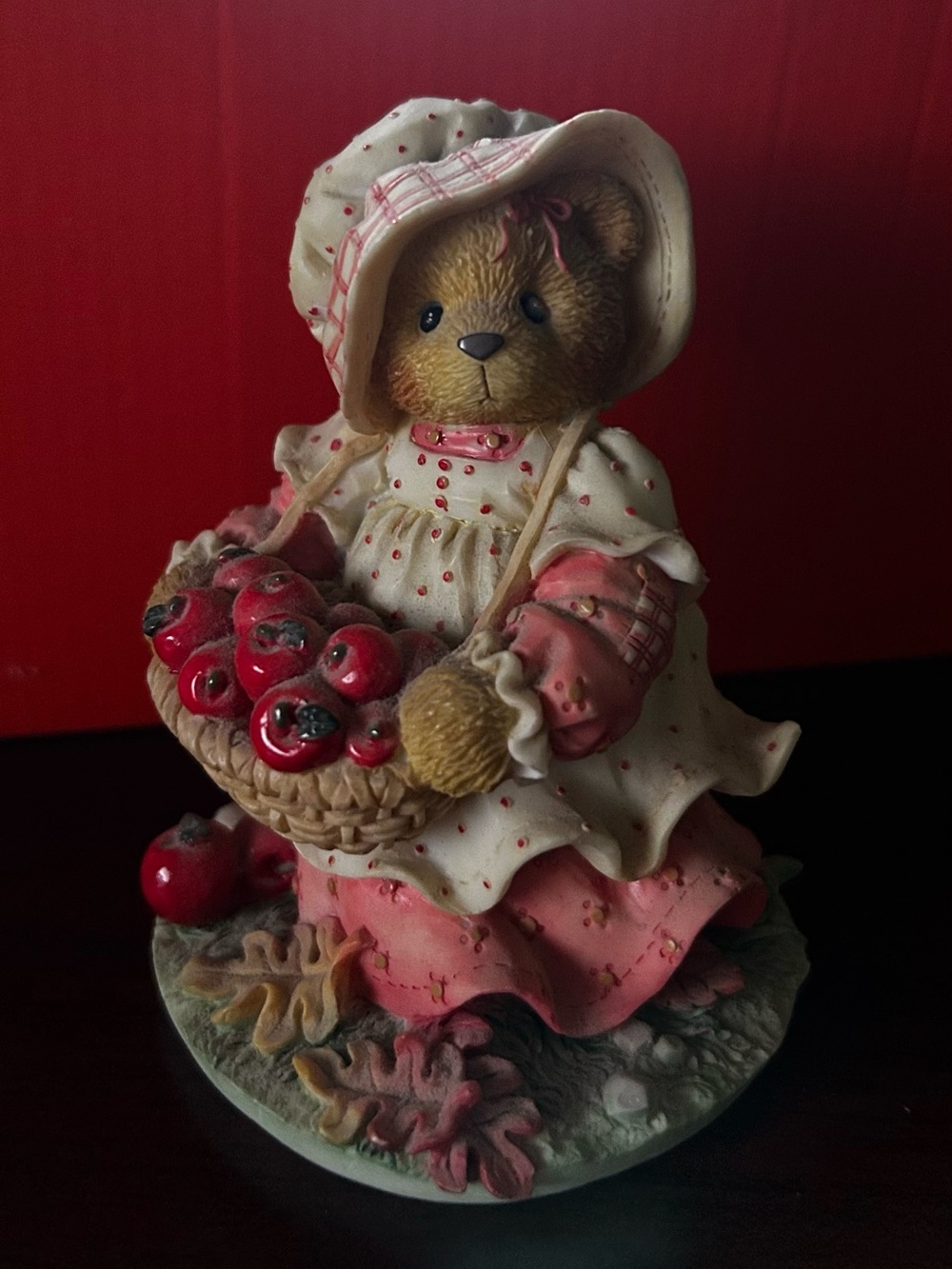 Cherished Teddies Cream and Pink Bear Figurine Hannah with Apple Basket